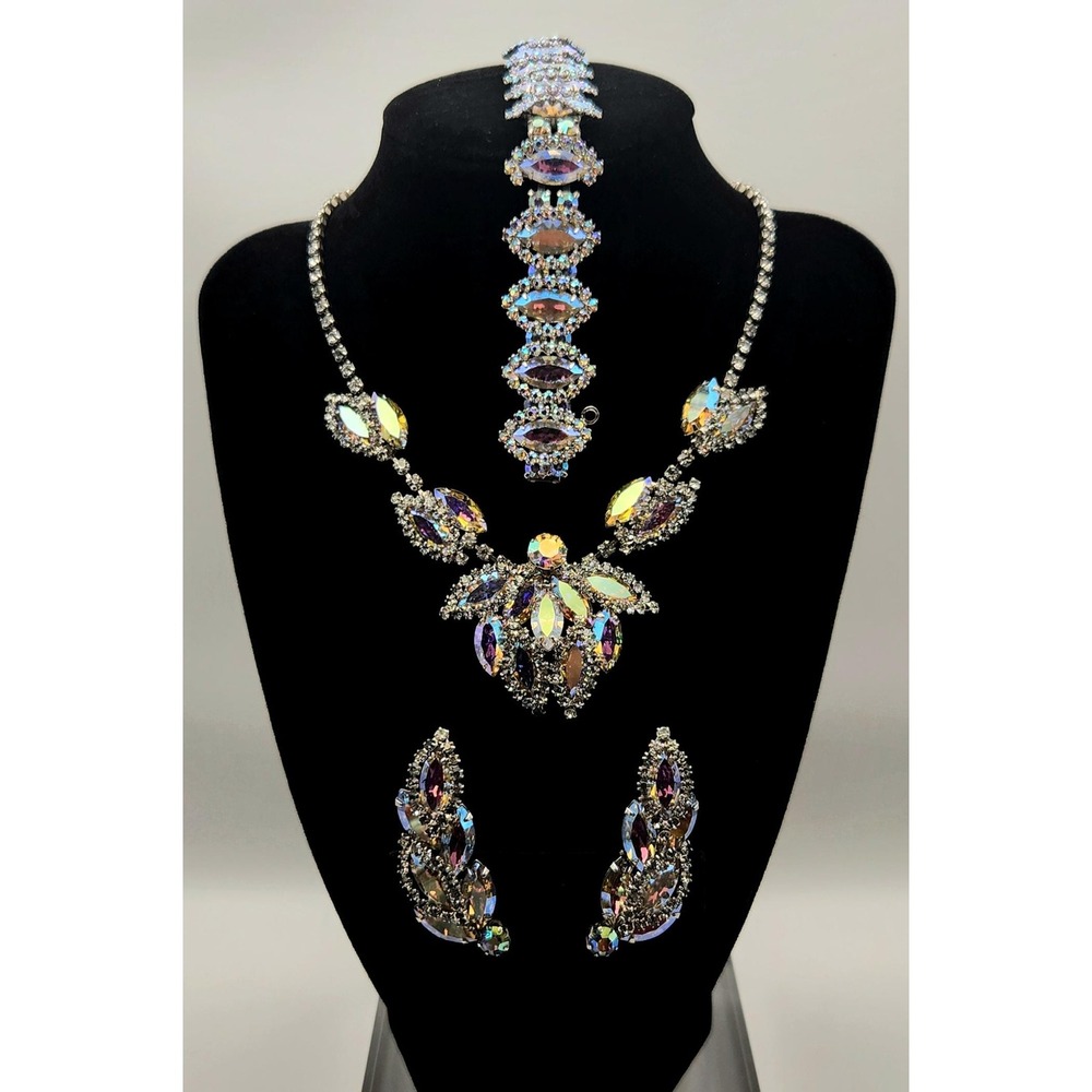Vintage Signed AB Rhinestone Jewelry Set Necklace Bracelet Earrings READ